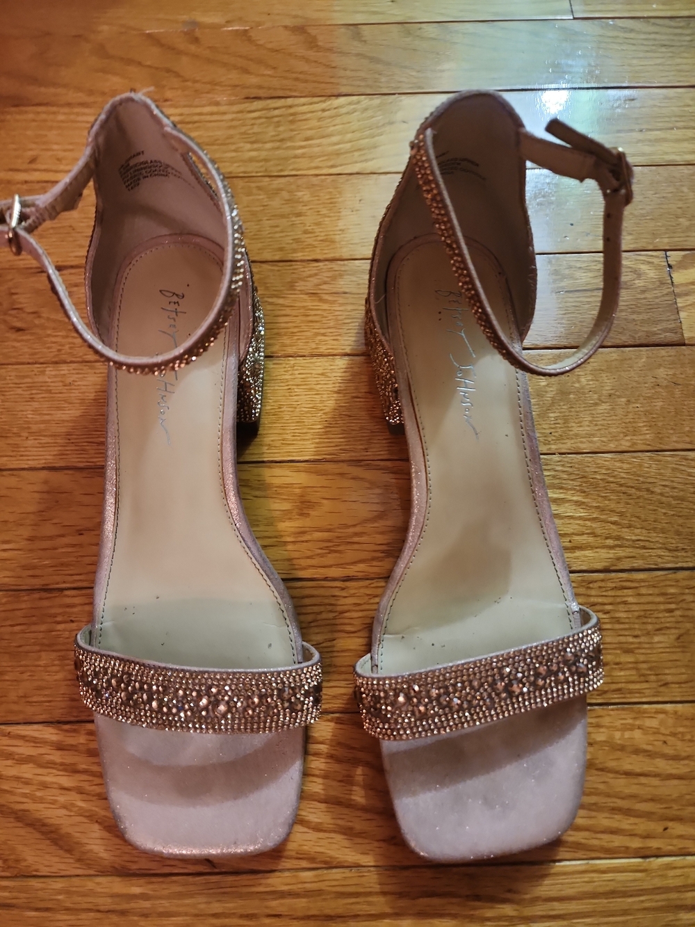 Betsy Johnson Grant Rose Gold Crystal Embellish Ankle-Strap Block Heel Sandals